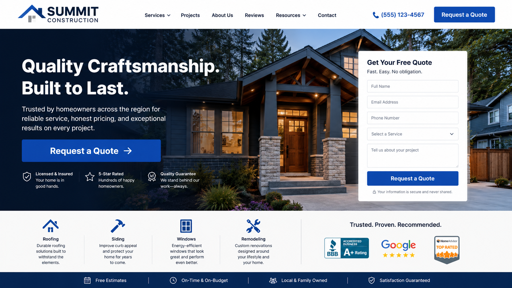 Contractor or trade site with a quote form, the primary button reading 