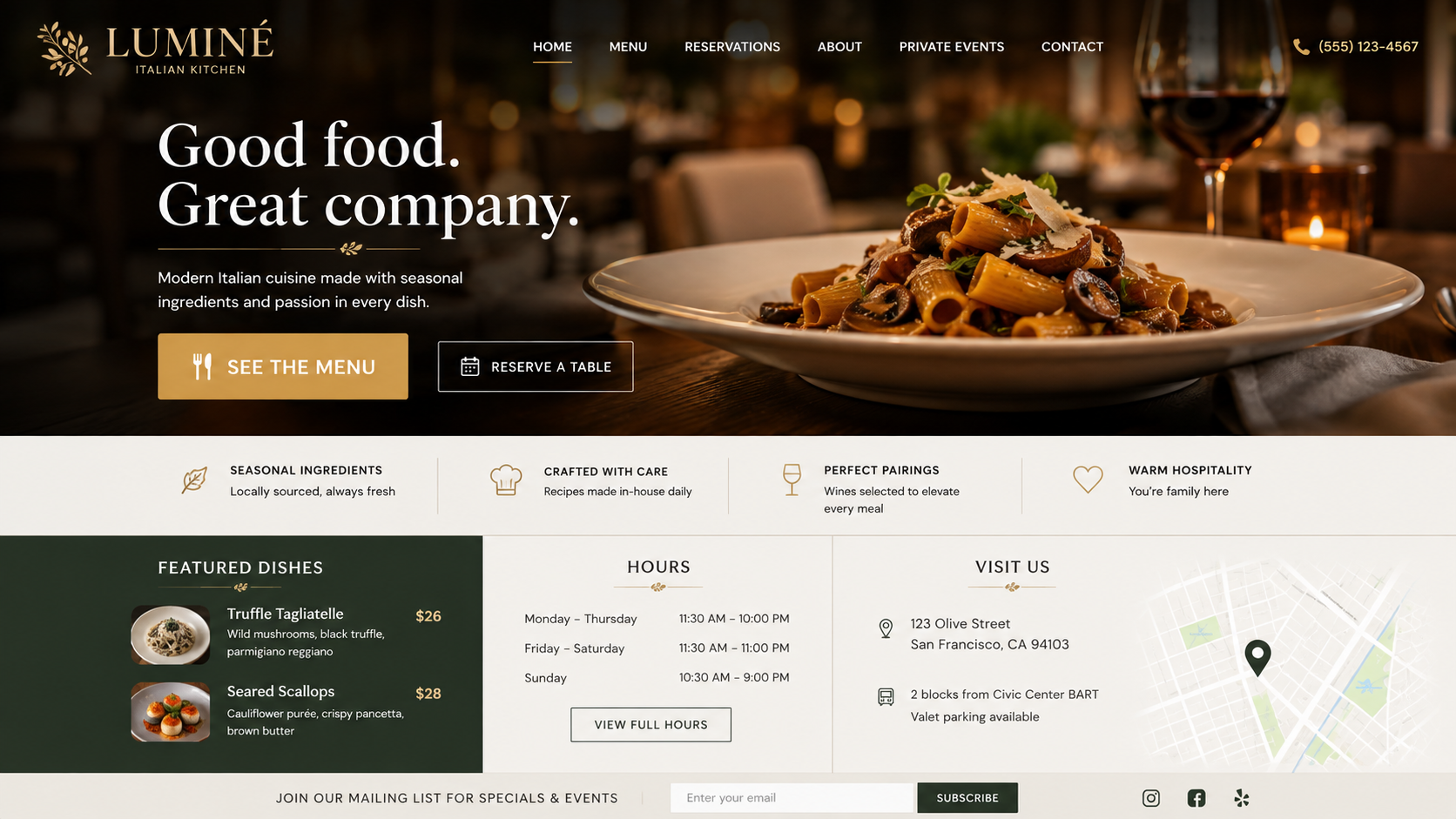 Restaurant homepage with a prominent 