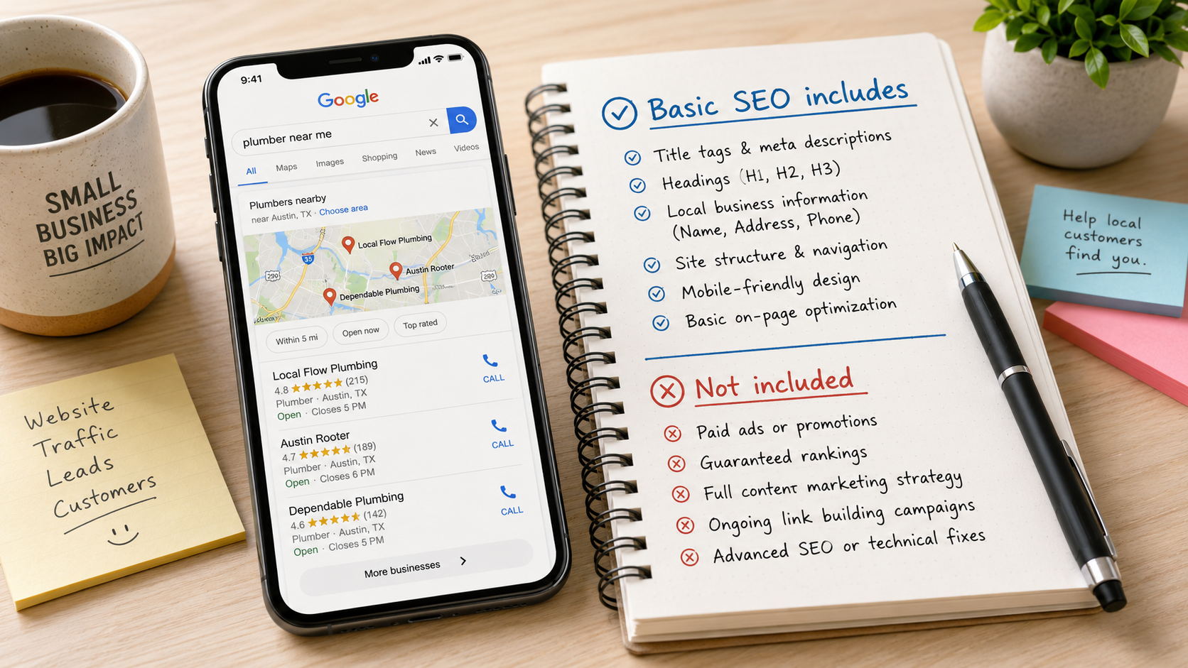 Illustration for the article: What basic SEO does and does not include.