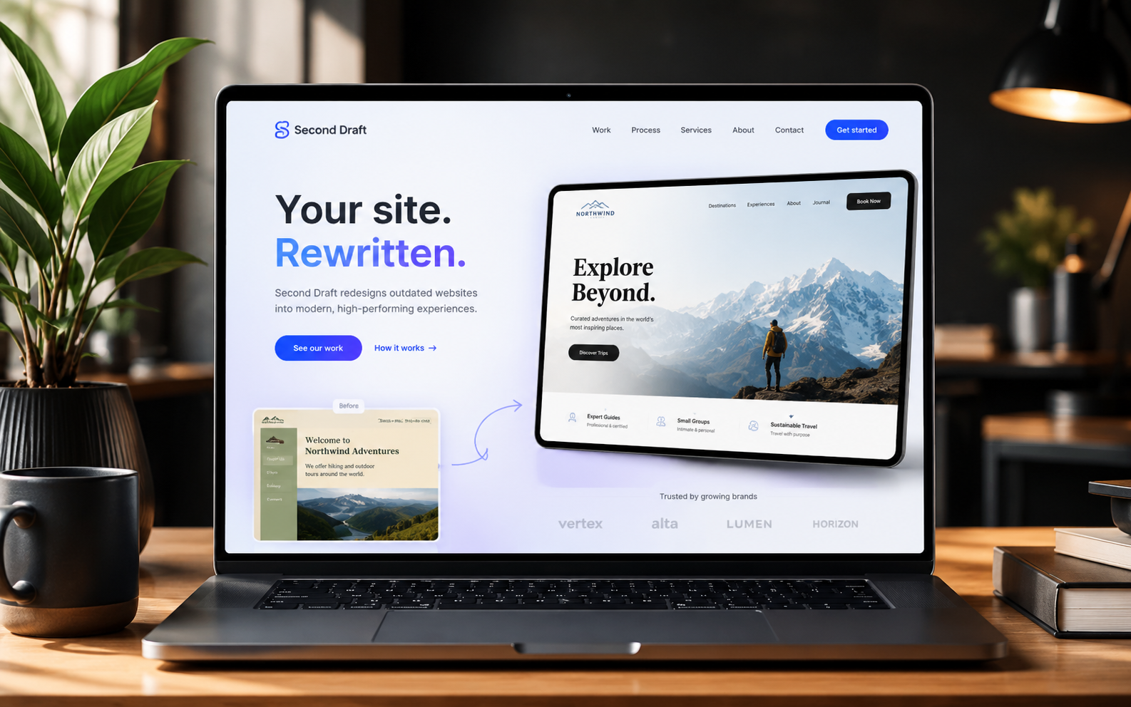 A modern small-business website designed by Second Draft, shown on a laptop screen.