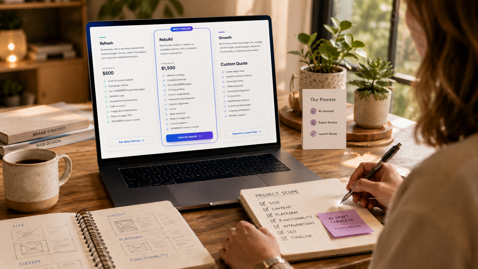 Planning the scope and cost of a website project.