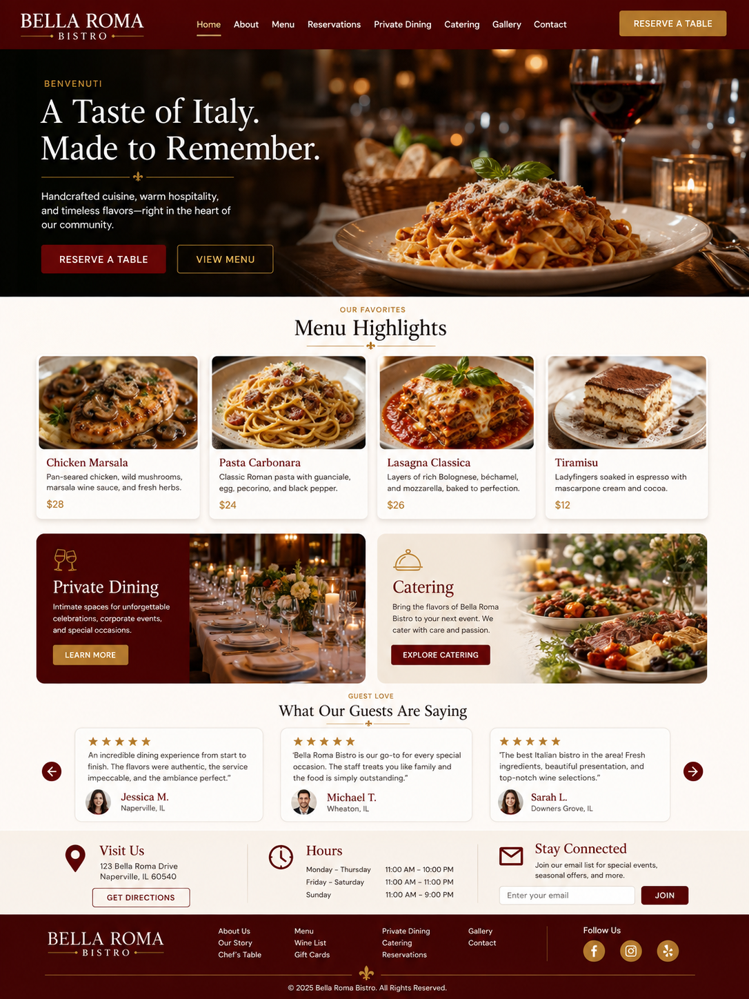 The full Bella Roma Bistro homepage after the Second Draft redesign.