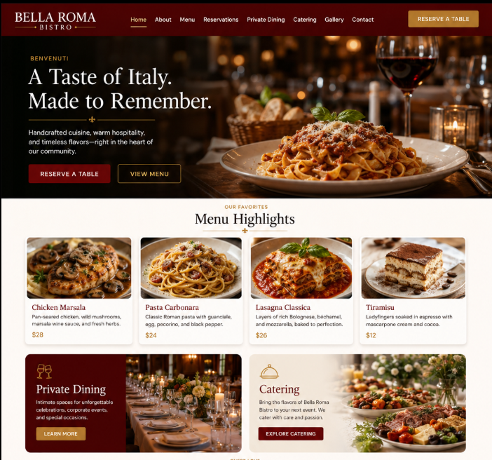 The Bella Roma Bistro website after a Second Draft concept redesign