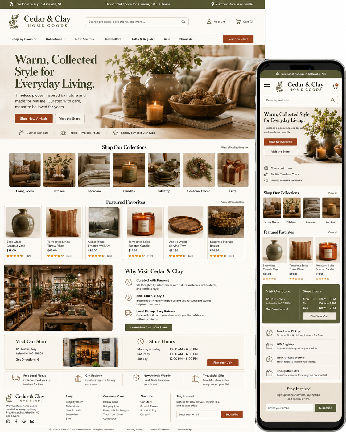 The full Cedar & Clay homepage after the Second Draft redesign.