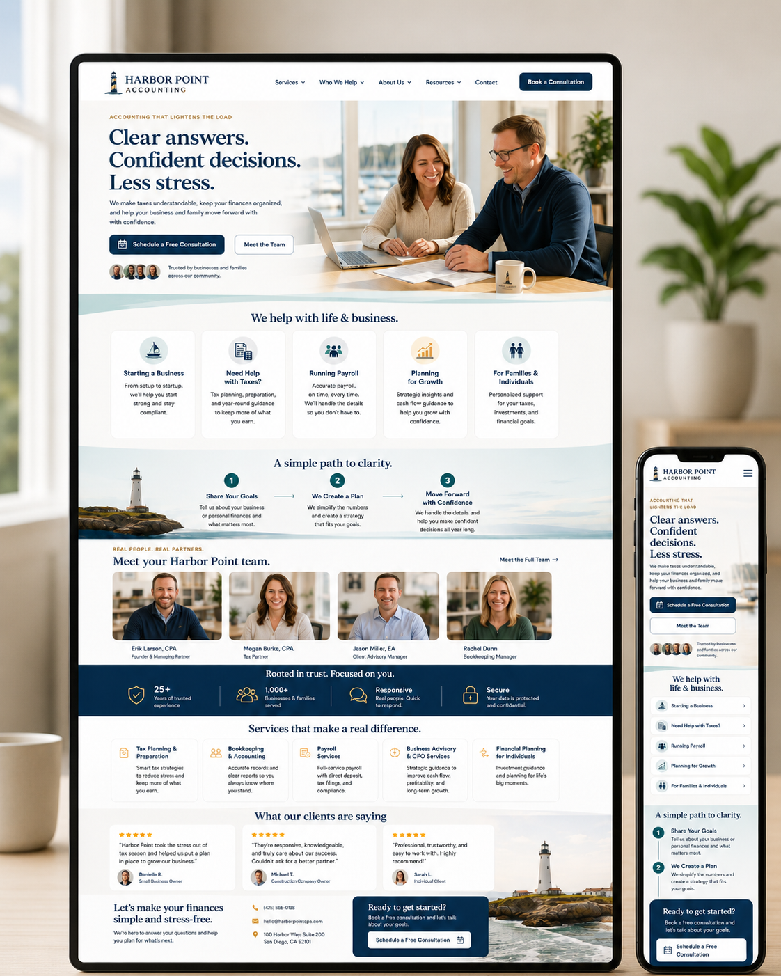 The full Harbor Point Accounting homepage after the Second Draft redesign.