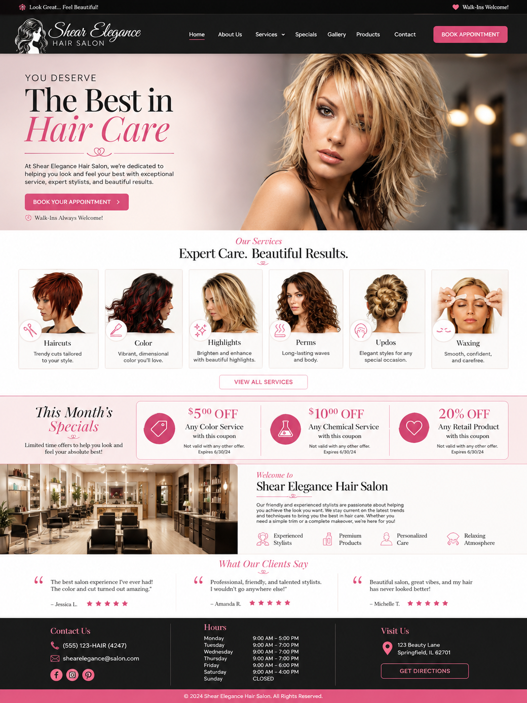 The full Luxe Hair Studio homepage after the Second Draft redesign.