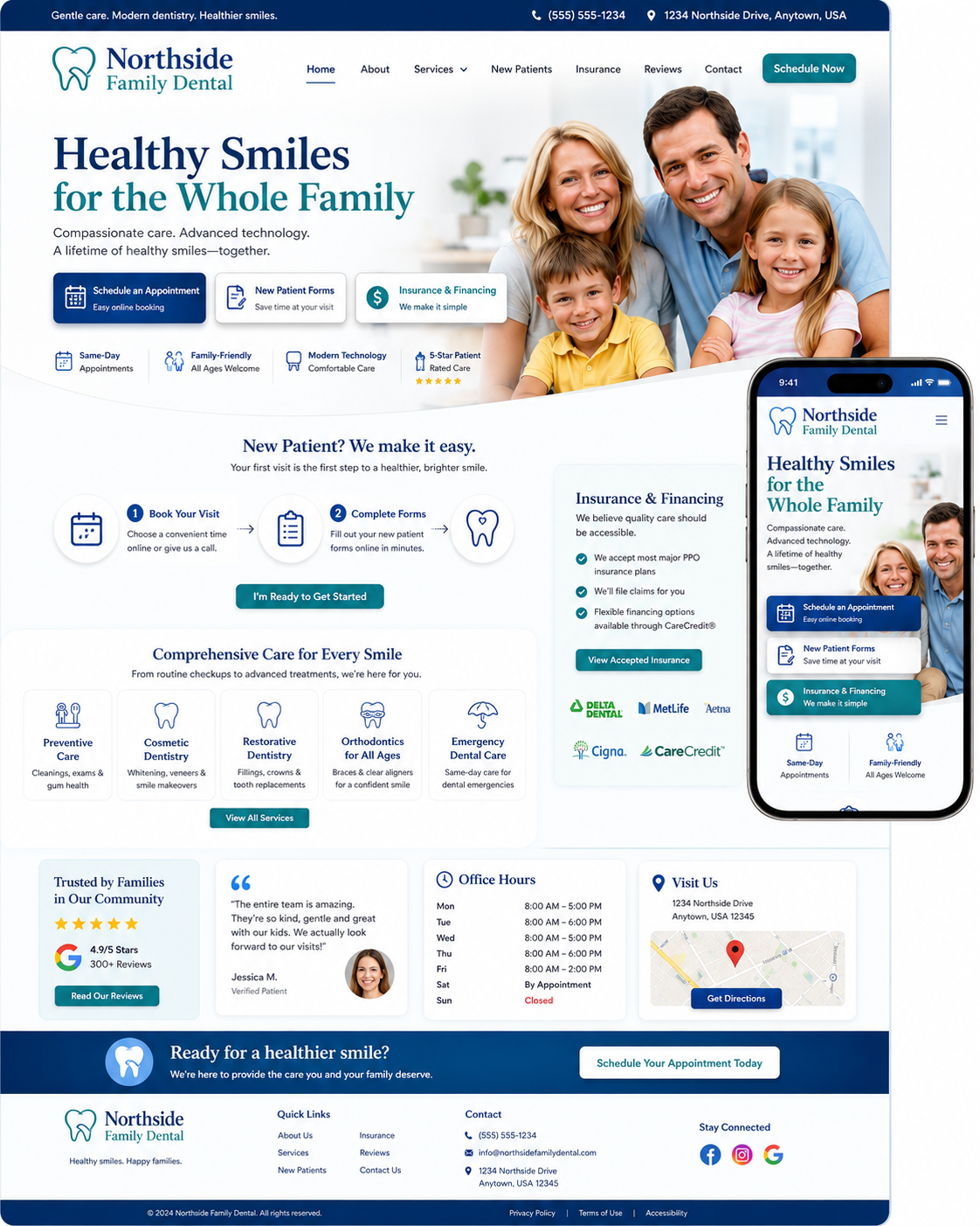 The full Northside Family Dental homepage after the Second Draft redesign.