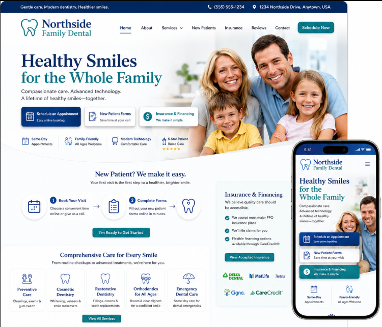 The Northside Family Dental website after a Second Draft concept redesign
