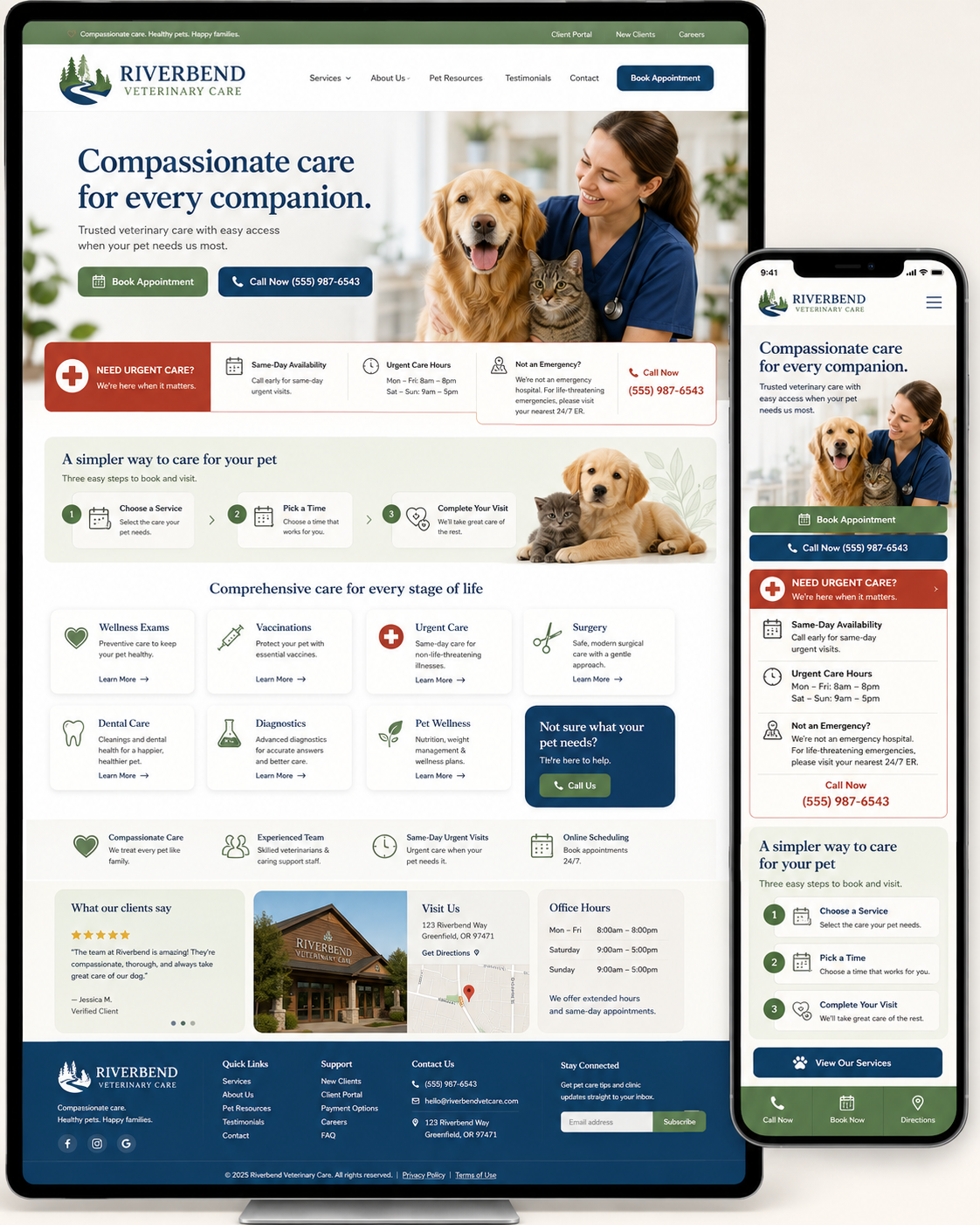 The full Riverbend Veterinary homepage after the Second Draft redesign.