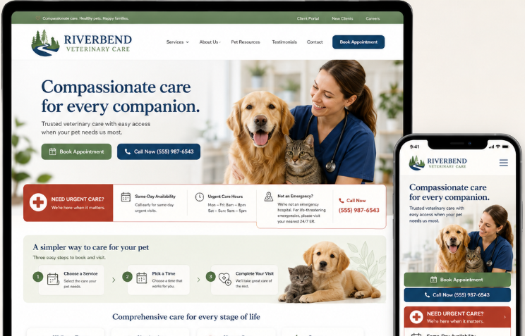 The Riverbend Veterinary website after a Second Draft concept redesign