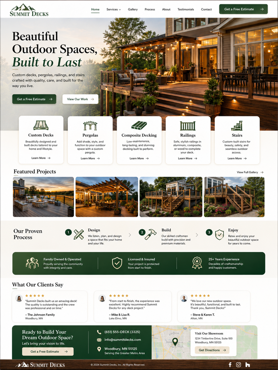 The full Summit Decks homepage after the Second Draft redesign.