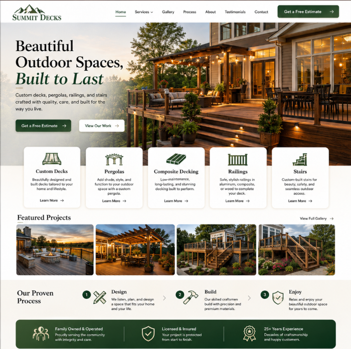 The Summit Decks website after a Second Draft concept redesign