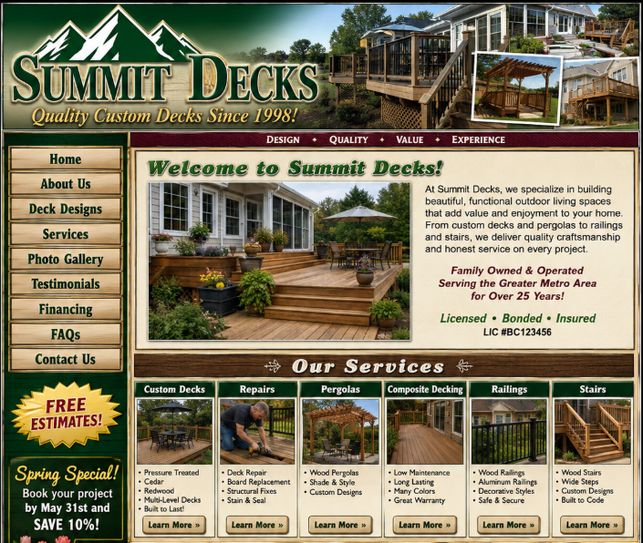 The original Summit Decks website before redesign