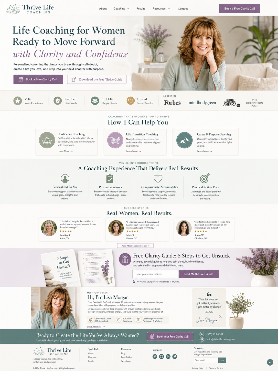 The full Thrive Life Coaching homepage after the Second Draft redesign.