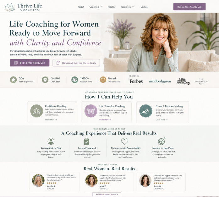 The Thrive Life Coaching website after a Second Draft concept redesign