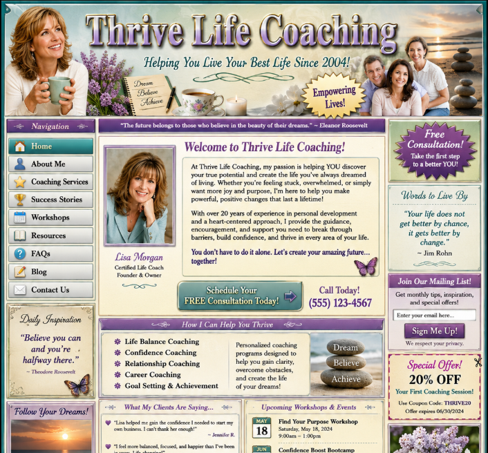 The original Thrive Life Coaching website before redesign